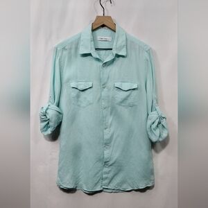 Calvin Klein 100% Linen Casual Button Down Shirt Women's M Green Minimalist